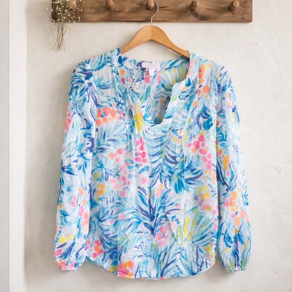 Lilly Pulitzer XXS Colby Serene Pleated Tippy Tropical Pintuck Blouse NEW RV$128